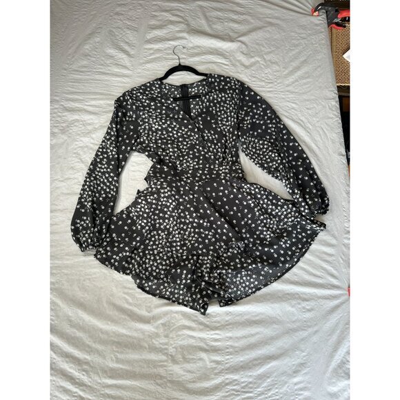 Womens Black Gray‎ Romper Medium long sleeve shorts polyester zipper Floral - Picture 1 of 7